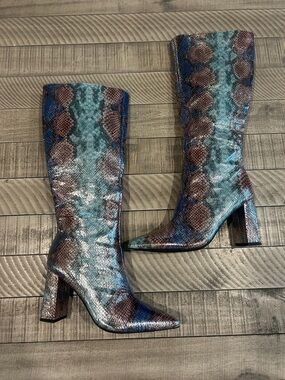 Wild Pair Teal and Brown Snake-Print Block Heel Knee Boots